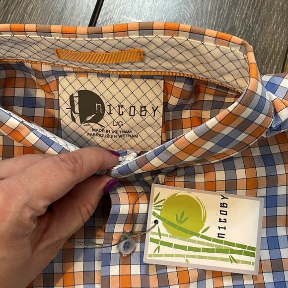 Nicoby Orange and Blue Check Print Long Sleeve Button Down Men's Size Large NWT - Picture 4 of 7